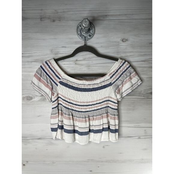 Style Envy Shirt Womens Medium White Blue Striped Smocked Crop Top Off Shoulder - Picture 9 of 9